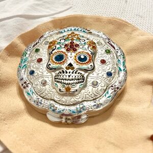 Silver crystal sugar skull compact mirror